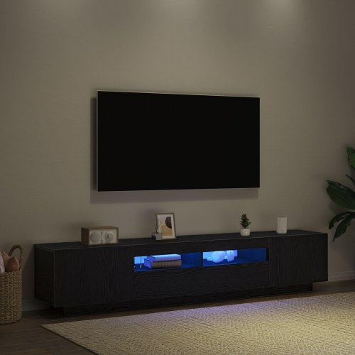 TV-bord med LED-lys i sort eg, 200x35x40 cm, lavet af konstrueret træ