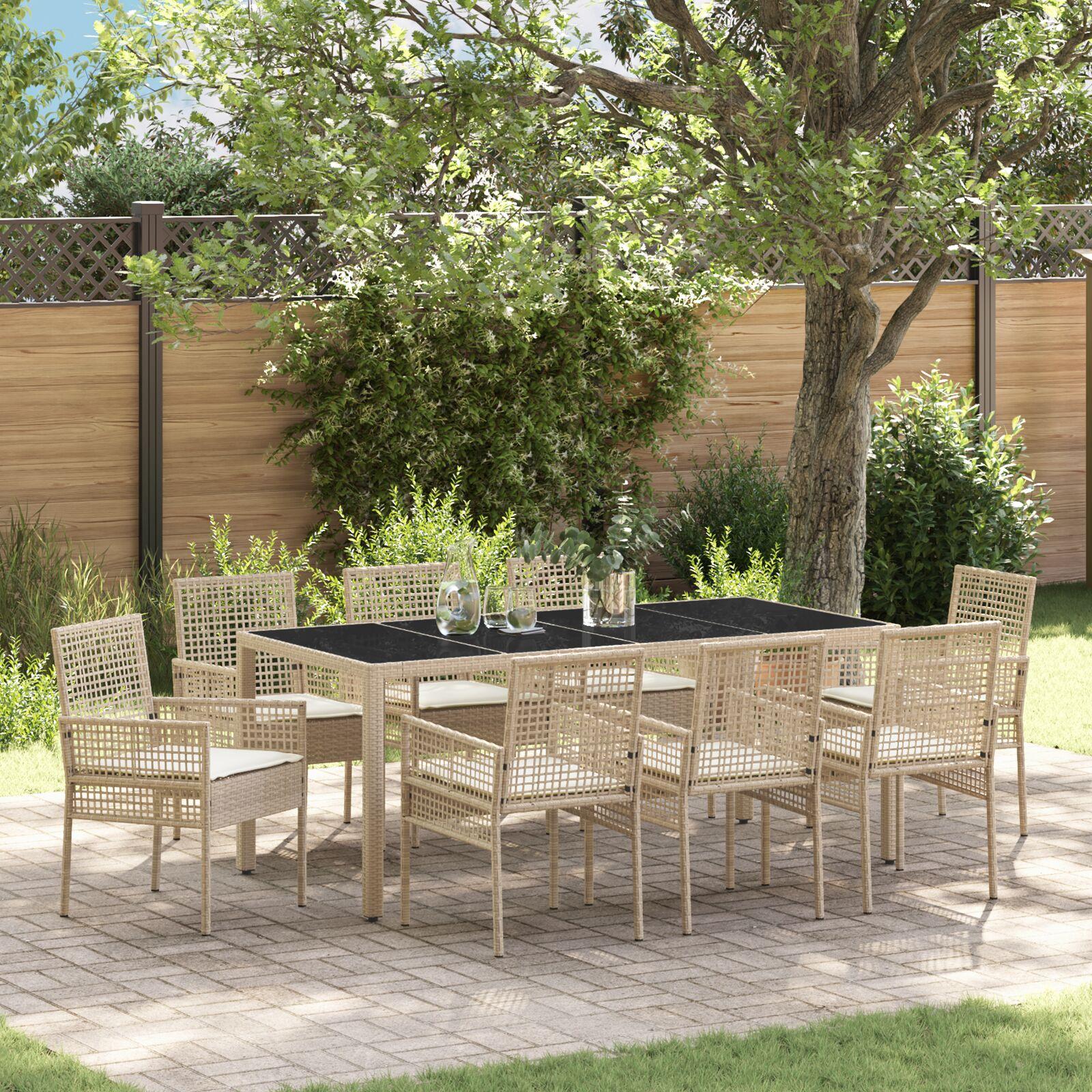 Have spisebordssæt i beige polyrattan med glasbord - 9 dele