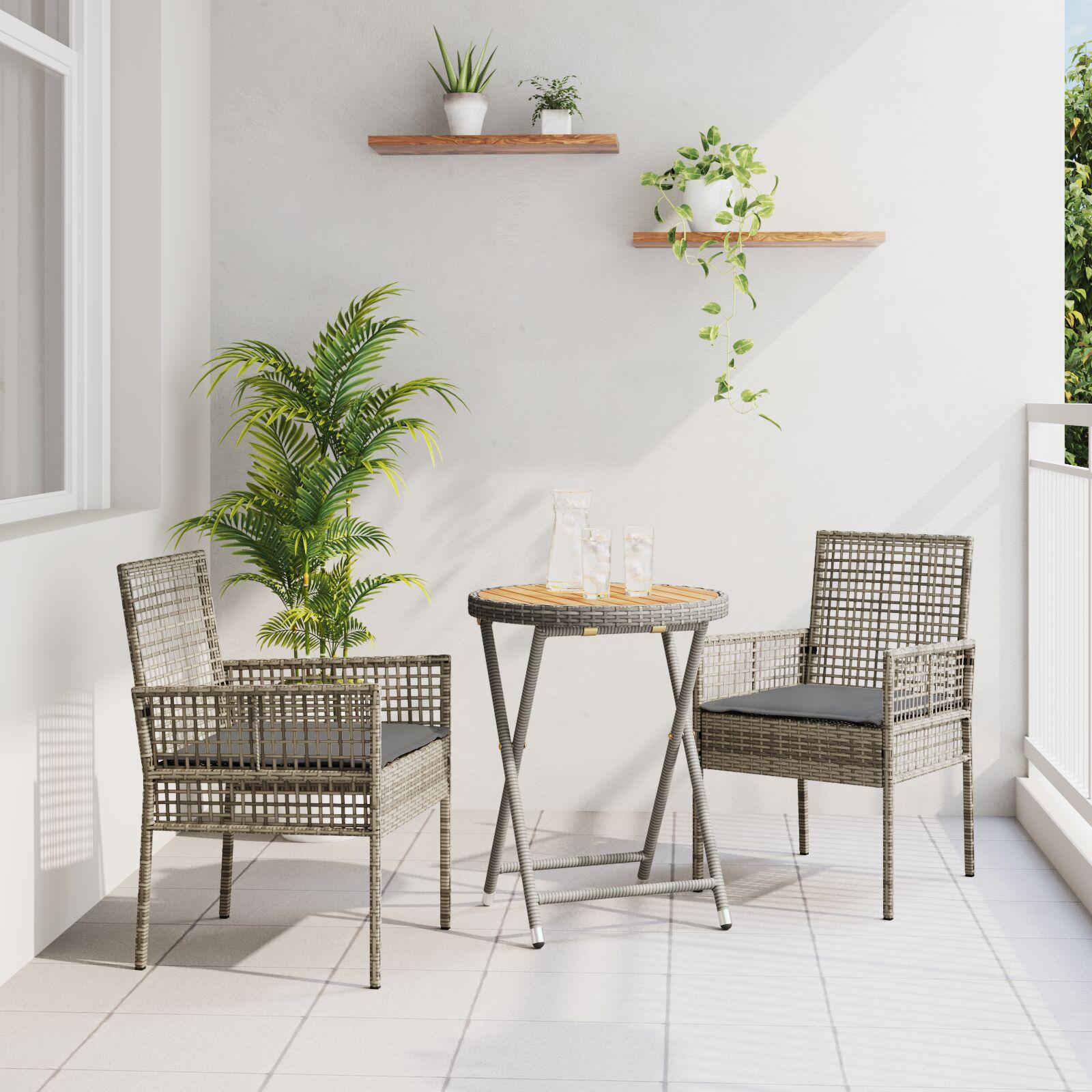 3-delt Have Bistro Sæt med Puder Grå Poly Rattan