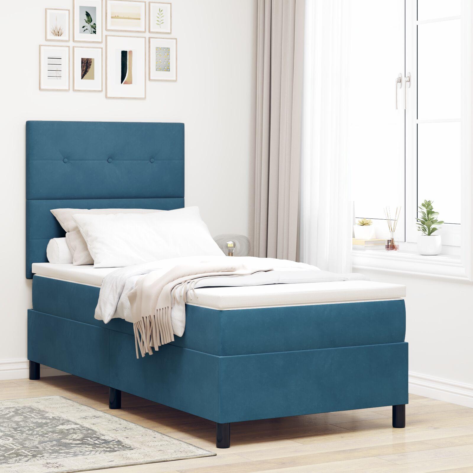 Box Spring Seng Med Madras Mørkeblå 90 X 200 Cm Fløjl