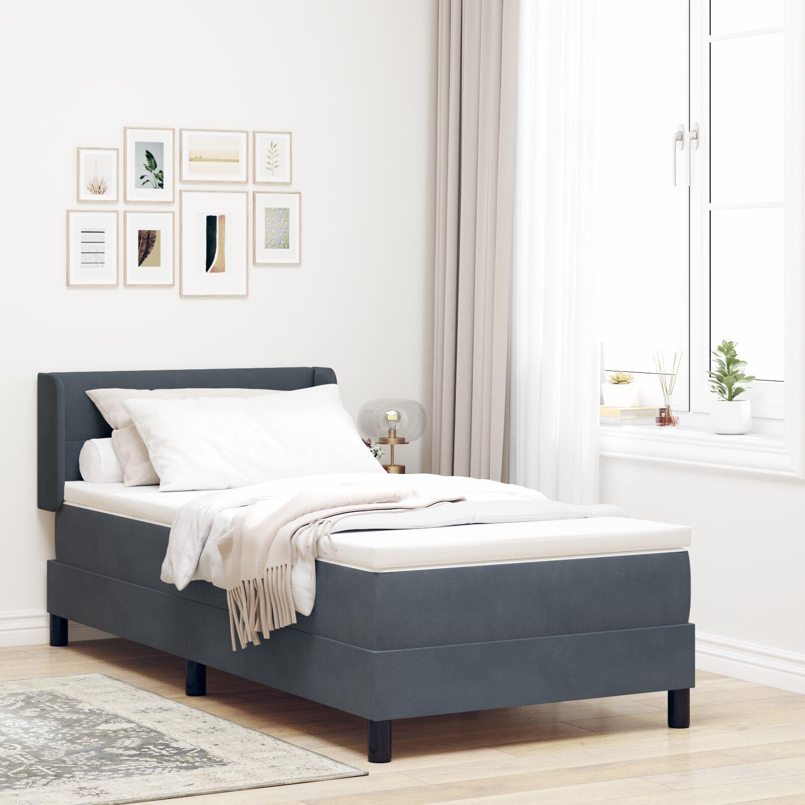 Boxmadras Med Madras Sort 100x200 Cm Fløjl Lysegrå 90 X 190 Cm - Mørkegrå / 90 x 200 cm / Knap tuftet
