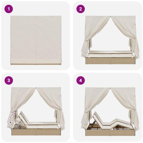 Dobbelt solstol med tag og gardiner - Beige Poly Rattan