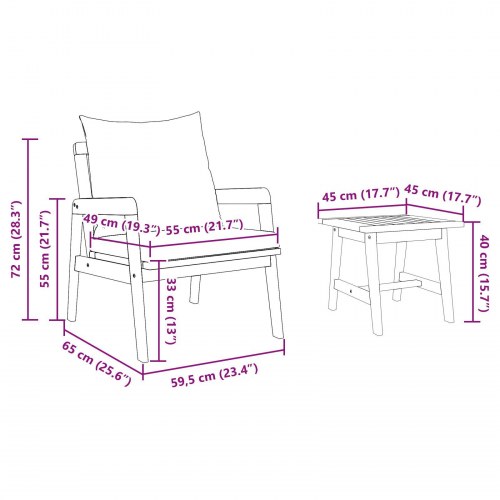 3-delt Bistro Sæt med Puder i Massivt Akacietræ