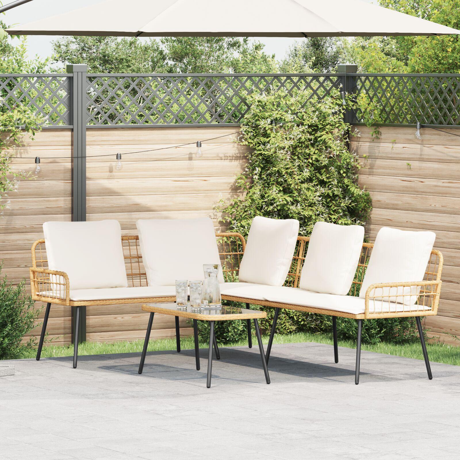 L-formet udesofa med puder - natur, 173 × 231 × 90 cm, stål og PE-rattan