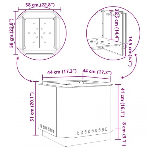 Røgfri ildsted 58x58x51 cm i vejrbestandigt stål