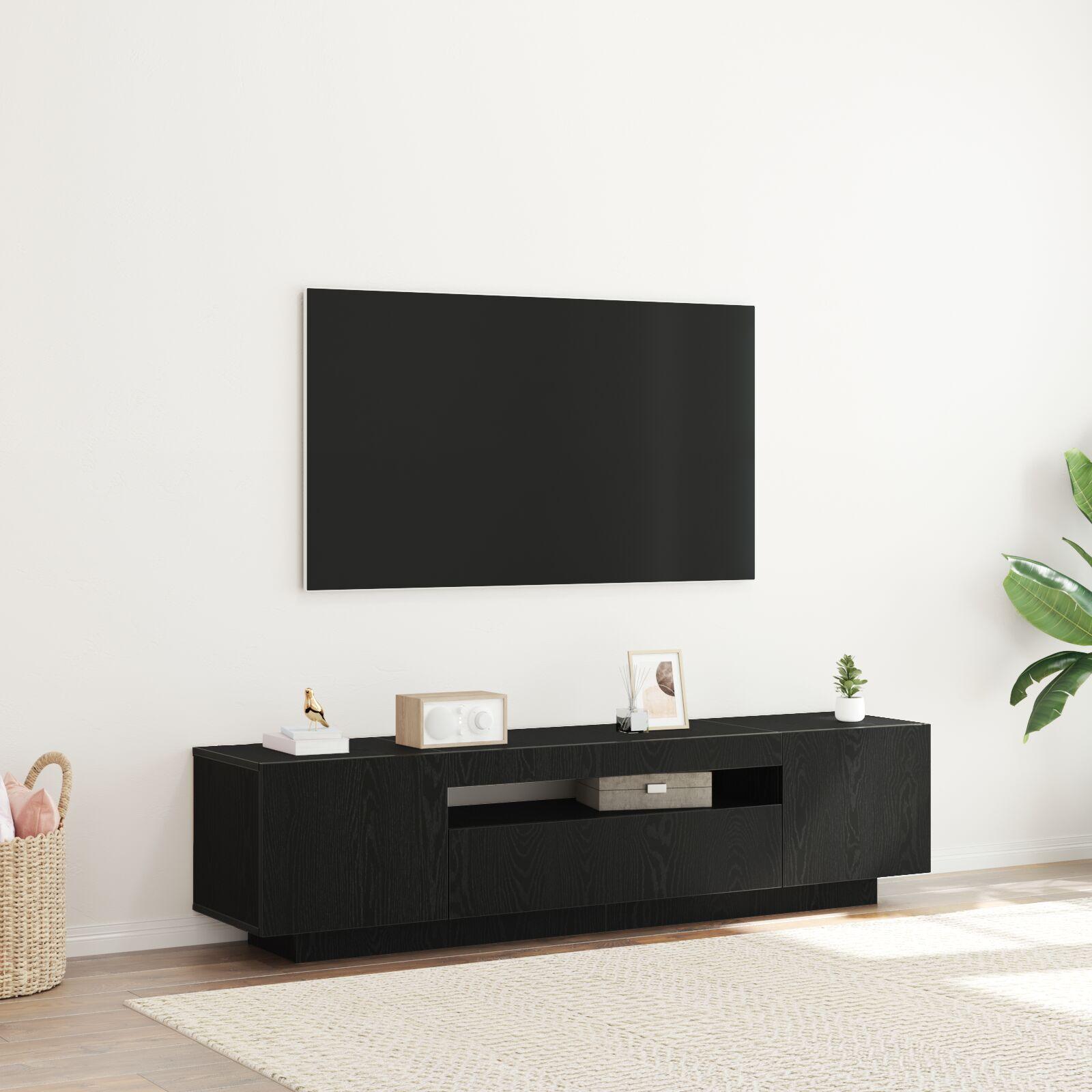 Tv-skab Med Led-lys I Sort Eg 160x35x40 Cm Lavet Af Træ