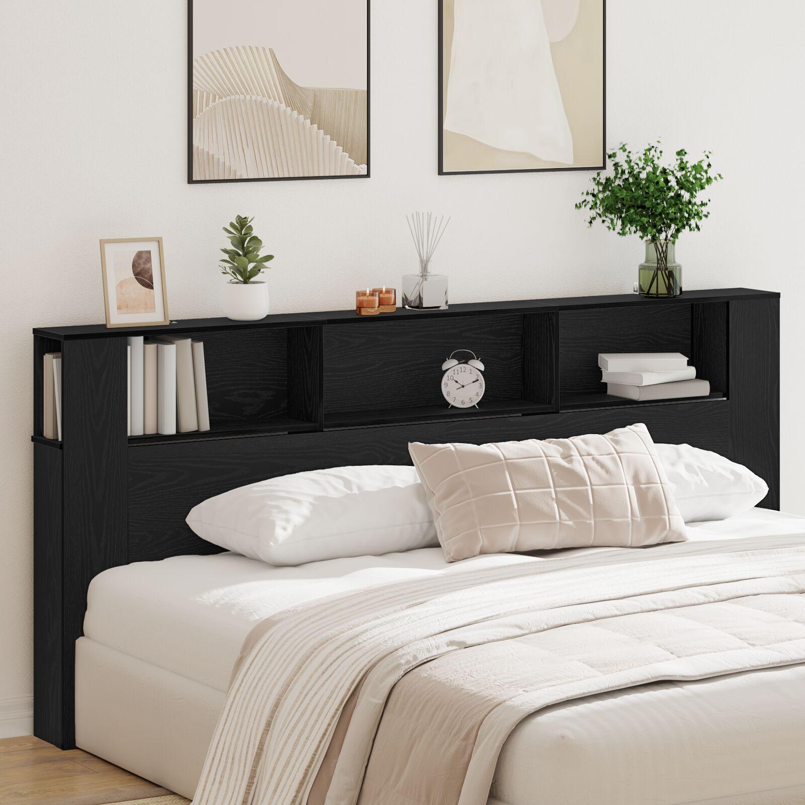Hovedgærde med opbevaring - sort eg, 220 × 18,5 × 102,5 cm, konstrueret træ