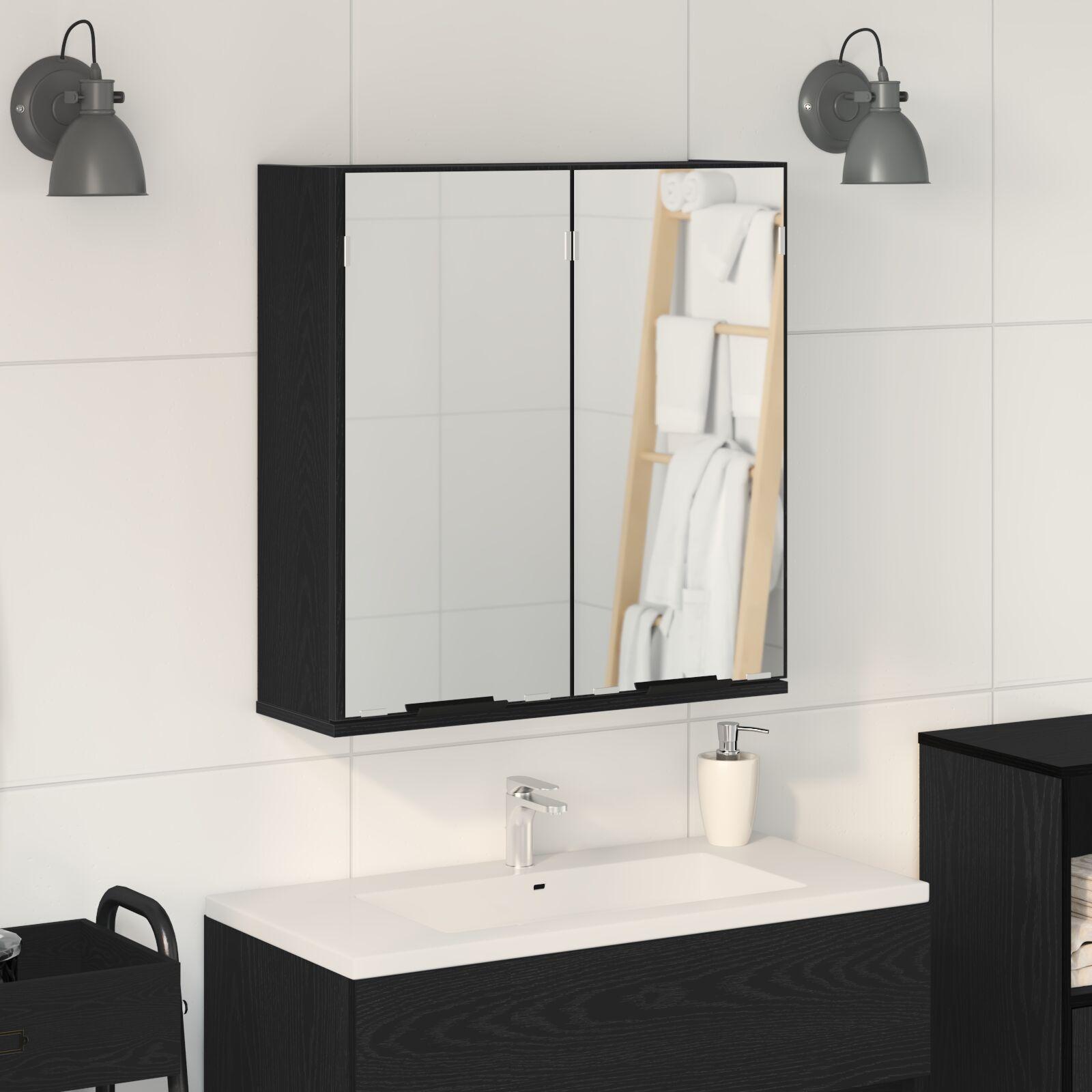 Badeværelsesskab med spejl med hylde Sort eg 64 x 20 x 67 cm