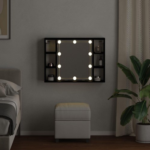 LED Spejlskab - Sort Eg - 76x15x55 cm - Lavet af konstrueret træ