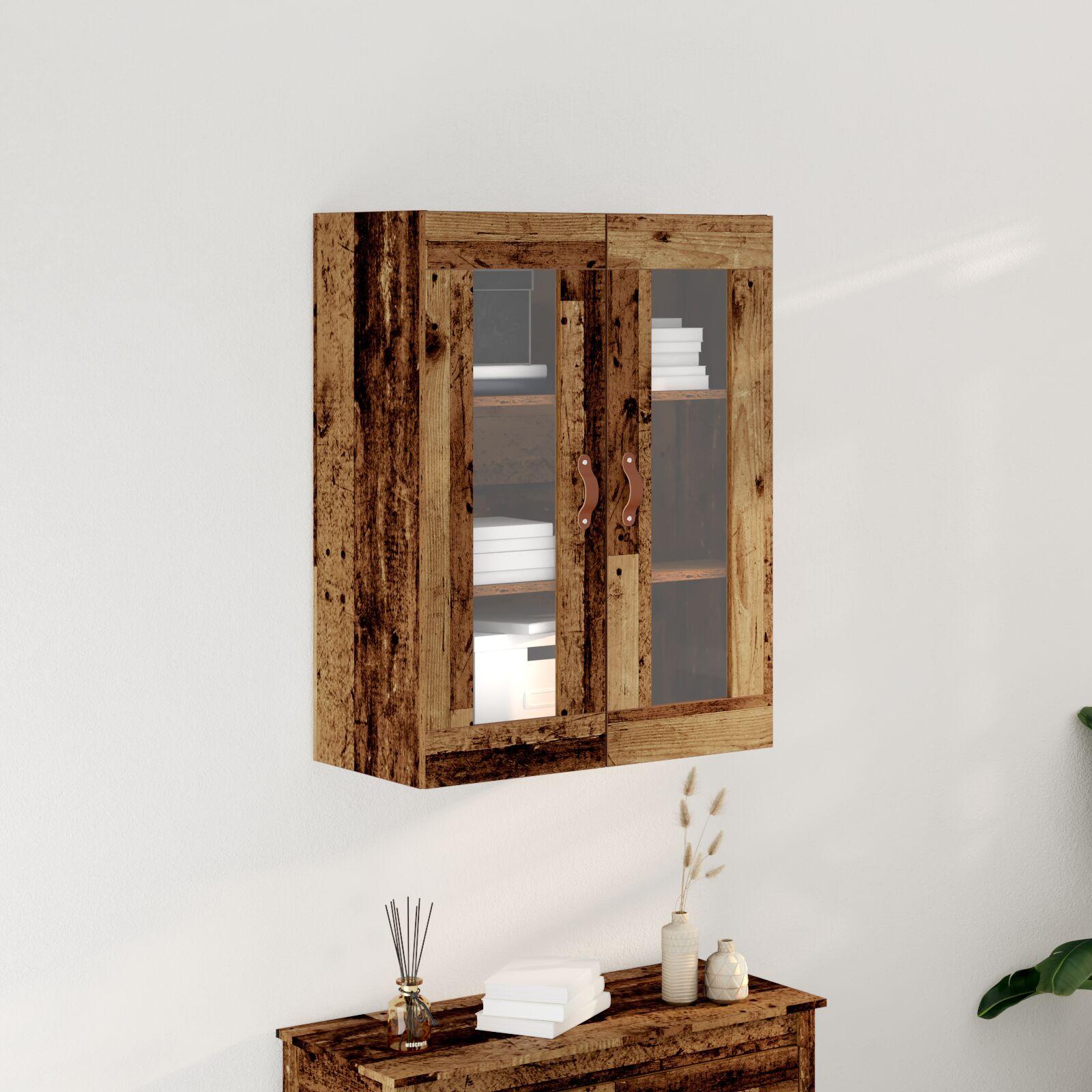 Vægskab i gammelt træ-look med glasdøre - 69,5 × 34 × 90 cm, konstrueret træ