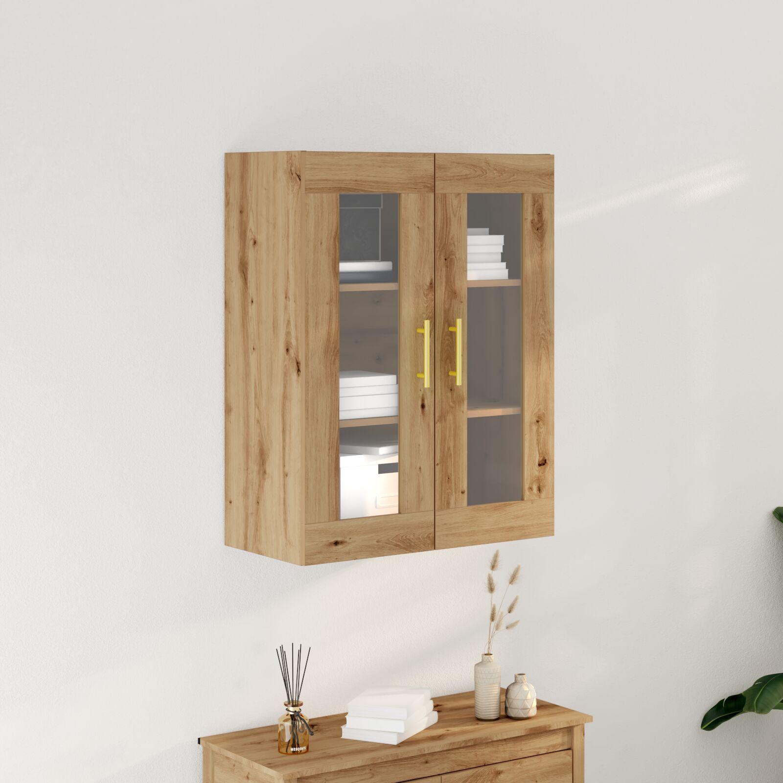Vægskab i artisan egetrælook med glasdøre - 69,5 × 34 × 90 cm, konstrueret træ