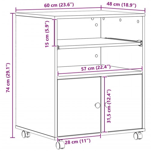 Printerstand med hjul Sort Eg 60x48x74 cm