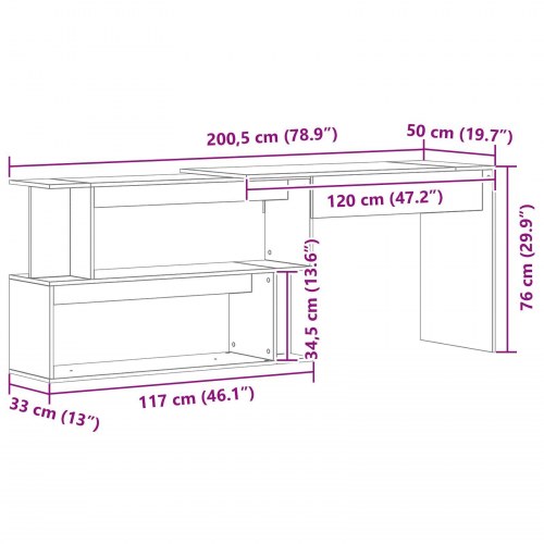 Skrivebord Sort Eg 200x50x76 cm Konstrueret Træ