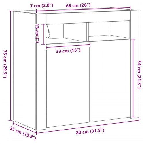 Skab med LED-lys Sort Eg 80x35x75 cm Konstrueret træ