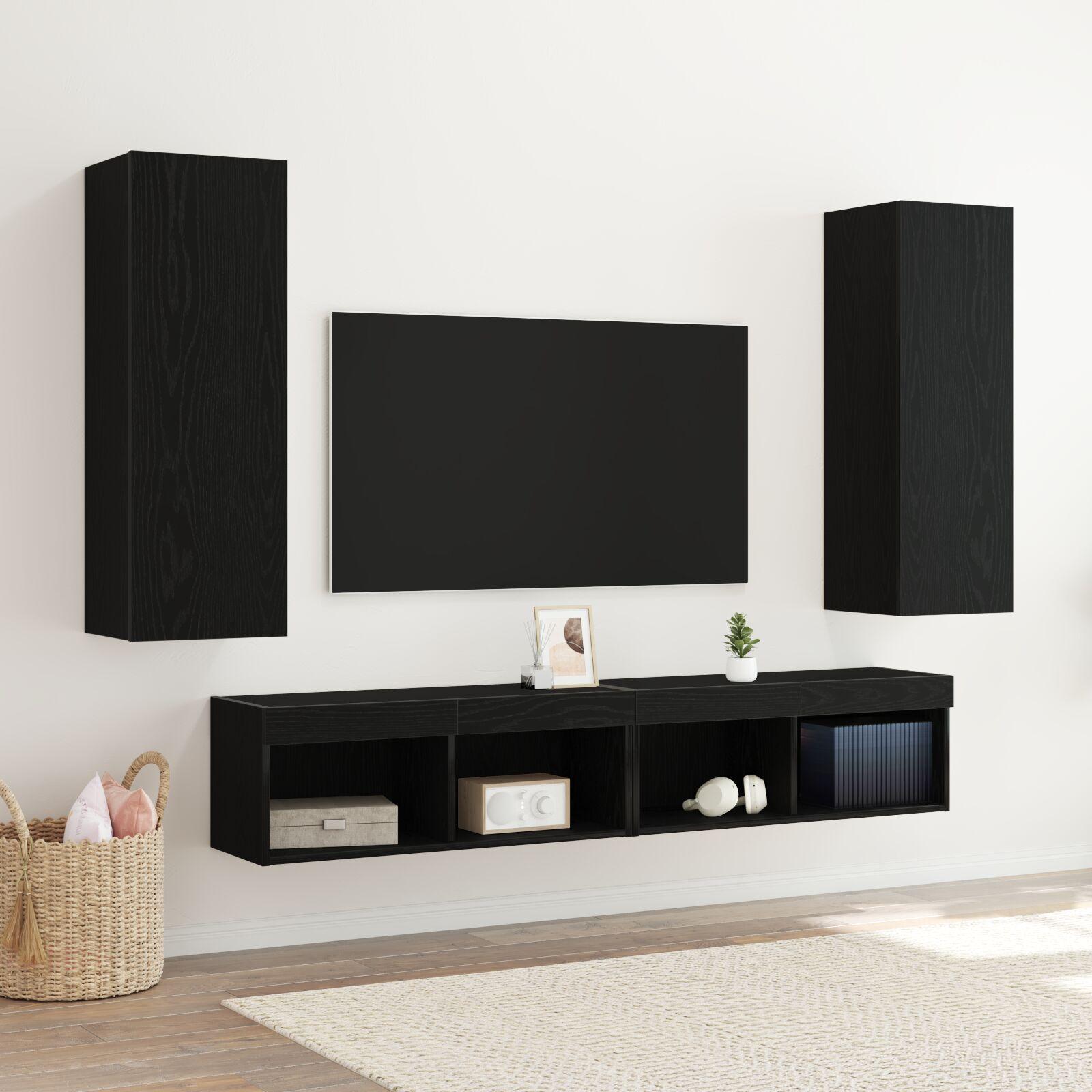 Væghængt Tv Skab Vægmonteret 2 Dele Sort Eg 30.5 X 30 X 90 Cm