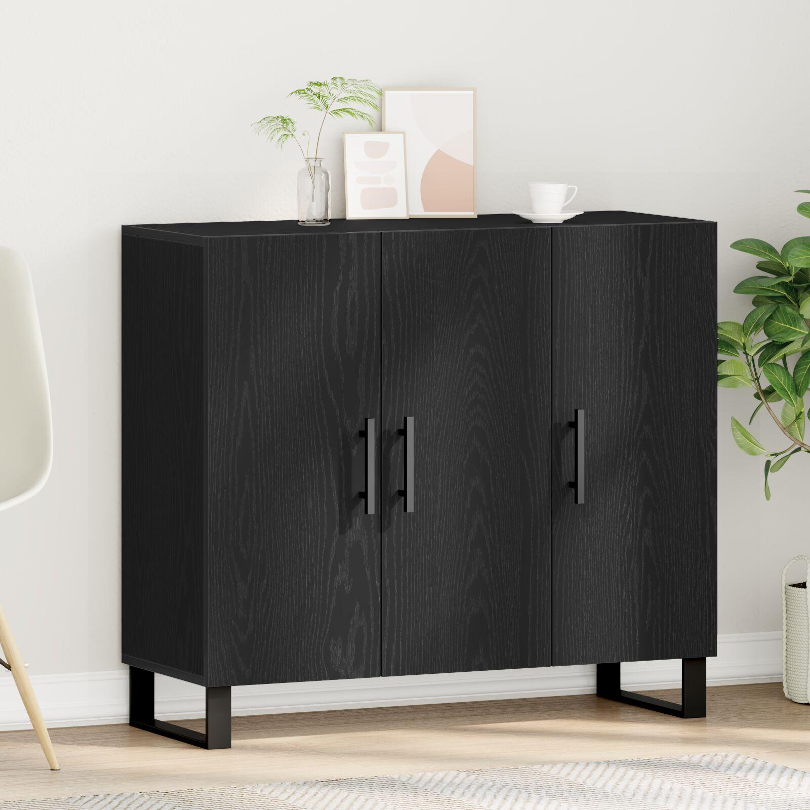 Skab med 3 Døre Sort Eg 90x34x80 cm Konstrueret Træ