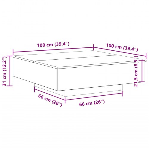 Sofabord med LED-lys Sort Eg 100x100x31 cm