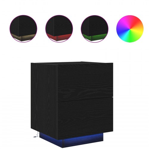 Sengebord med LED-lys Sort Eg 45x40x55 cm
