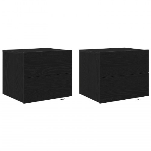 Sengeborde med LED-lys, vægmonteret, 2 stk, Sort egetræ