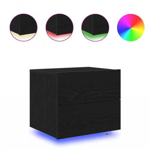 Sengeborde med LED-lys, vægmonteret, 2 stk, Sort egetræ