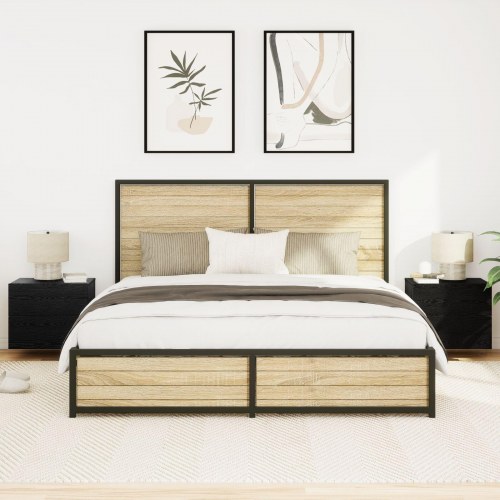 Sengeborde med LED-lys, vægmonteret, 2 stk, Sort egetræ