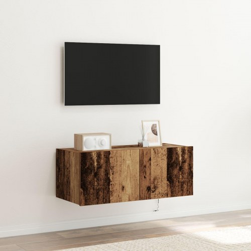 TV Vægholder med LED Lys Gammelt Træ 80x35x31 cm