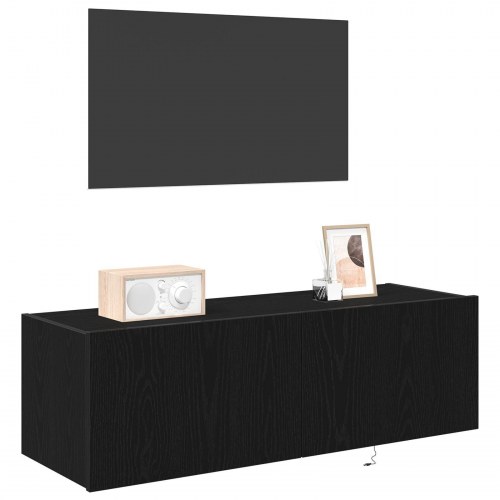 TV Vægskab med LED Lys Sort Eg 100x35x31 cm