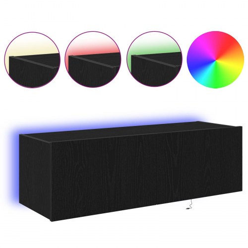 TV Vægskab med LED Lys Sort Eg 100x35x31 cm