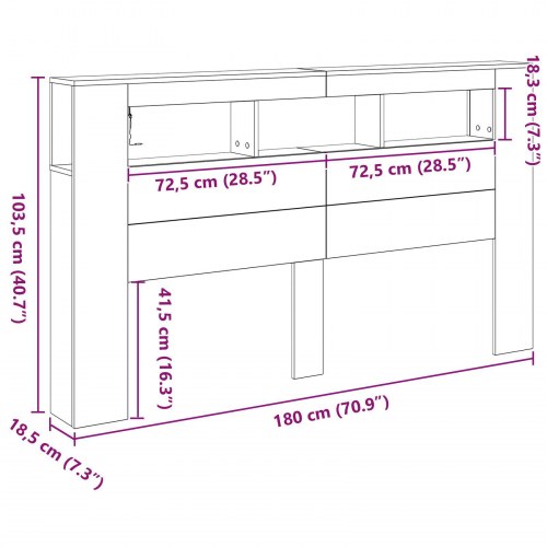 Opbevaringshovedgærde med LED-lys Sort Eg 180x18,5x103,5 cm