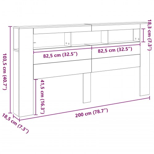 Opbevarings Hovedgærde med LED Lys Sort Eg 200x18,5x103,5 cm