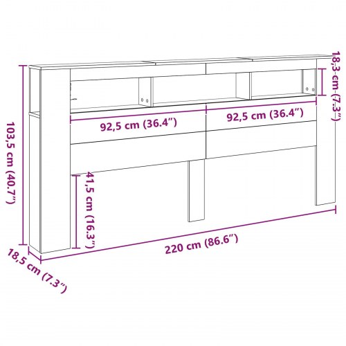 Opbevarings Hovedgærde med LED Lys Sort Eg 220x18,5x103,5 cm