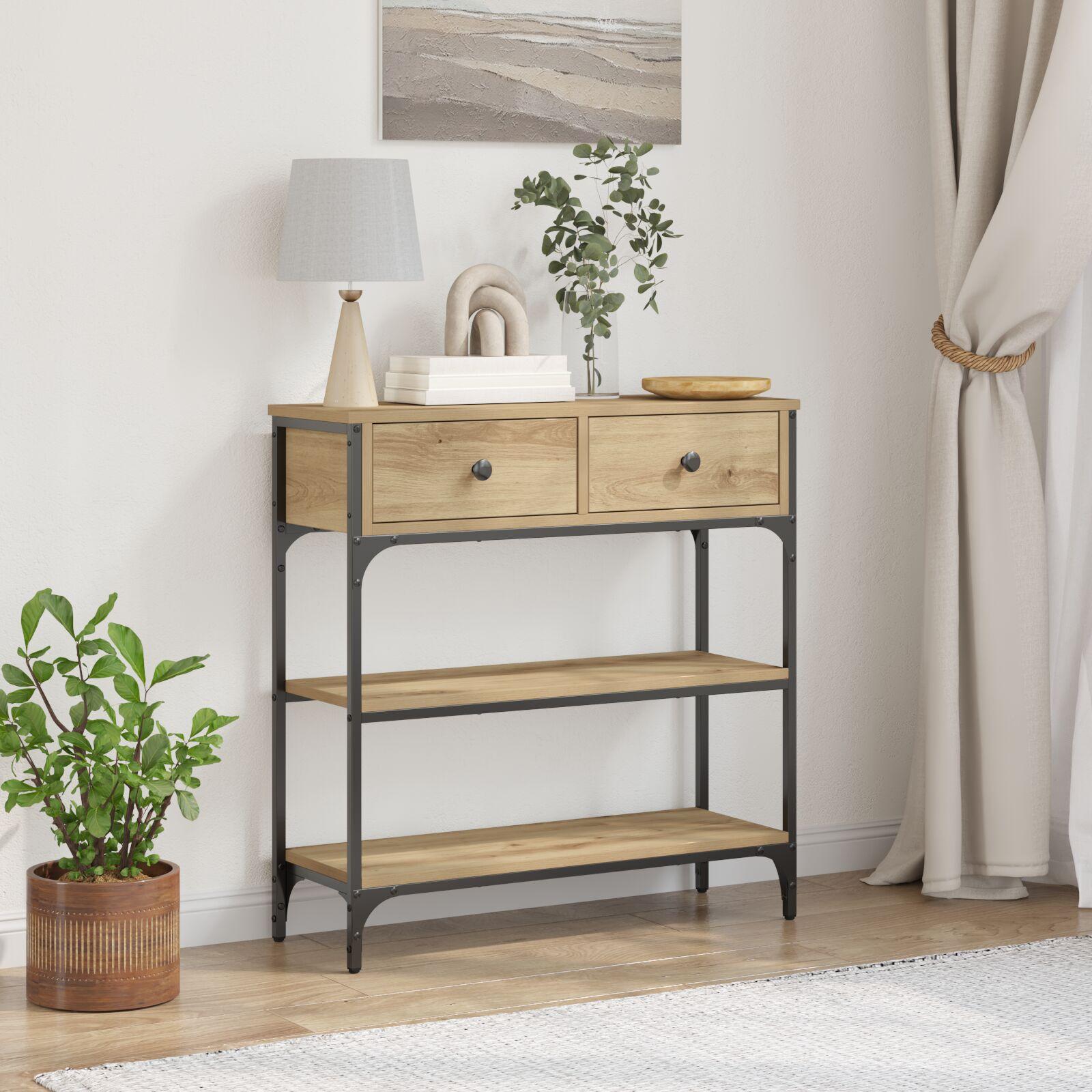 Konsolbord i artisan egetræ 72,5 x 25 x 75 cm med 2 skuffer