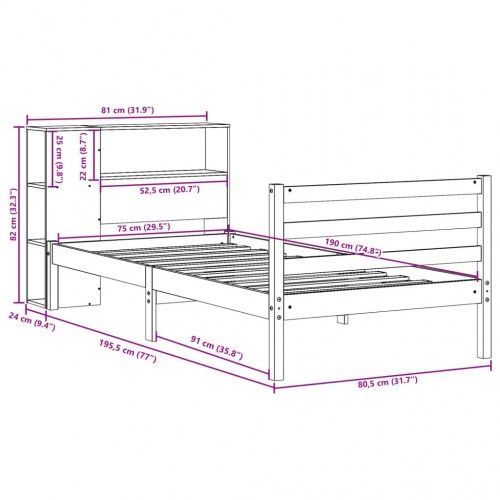 Seng med reol 75x190 cm i massivt fyrretræ hvid