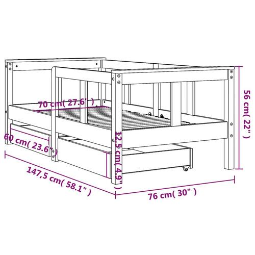 Sengeramme til juniorseng m. skuffer 70x140 cm massivt fyr (OUTLET A)