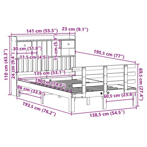 Seng med reol 135x190 cm i massivt fyrretræ - uden madras