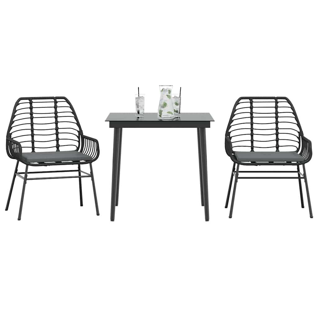 3 dele spisebordssæt til haven m. hynder polyrattan glas sort