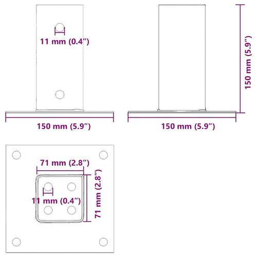 Stolpefødder firkantet 4 stk. 71x71 mm pulverlakeret stål