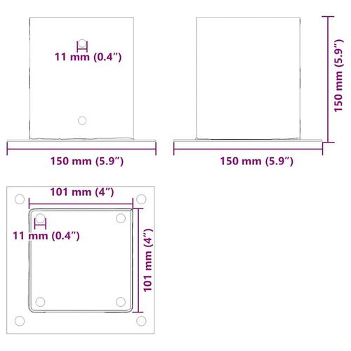Stolpefødder firkantet 12 stk. 101x101 mm pulverlakeret stål