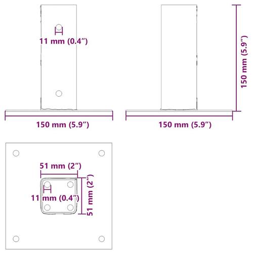 Stolpefødder firkantet 4 stk. 51x51 mm pulverlakeret stål