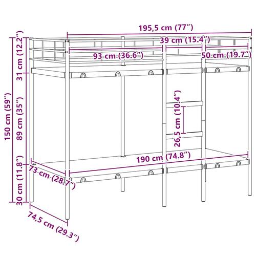 Køjeseng uden madras 75x190 cm stål sort