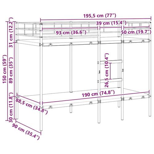 Køjeseng uden madras 90x190 cm stål sort