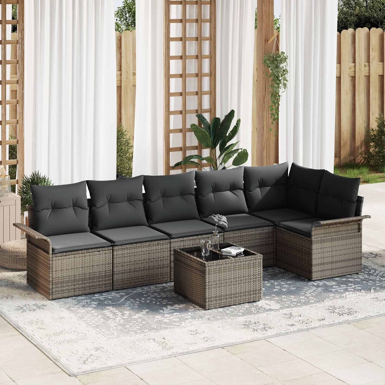 Havesofa Sæt med pude 7 stk Grå Poly rattan