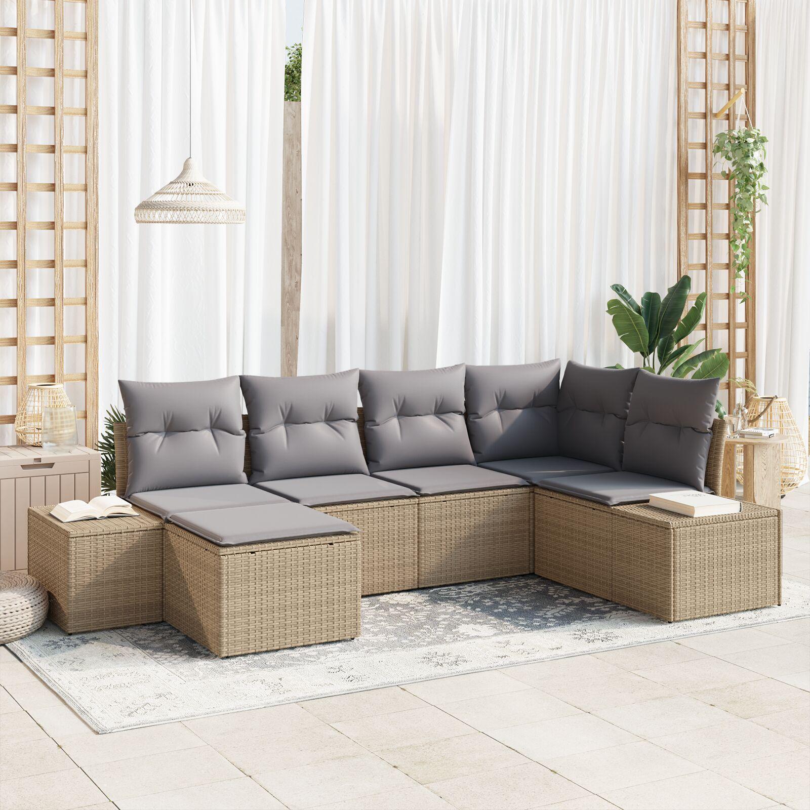 Havesofa Sæt med pude 6 stk beige og grå Poly rattan