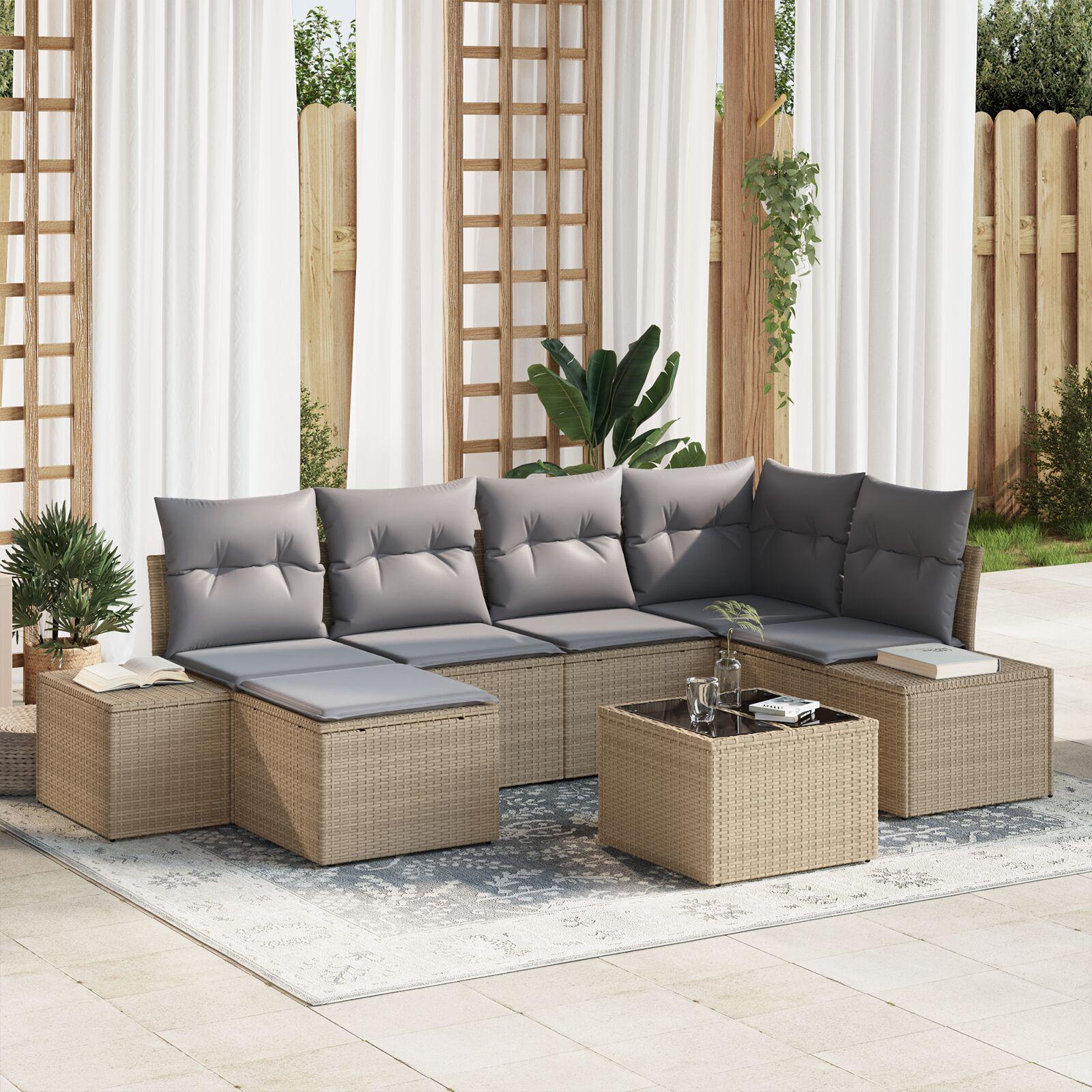 Havesofa Sæt med pude 7 stk beige og grå Poly rattan