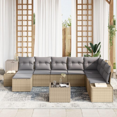 Have Sofa Sæt 9 dele Beige og Grå Rattan og Stof Have Sofa