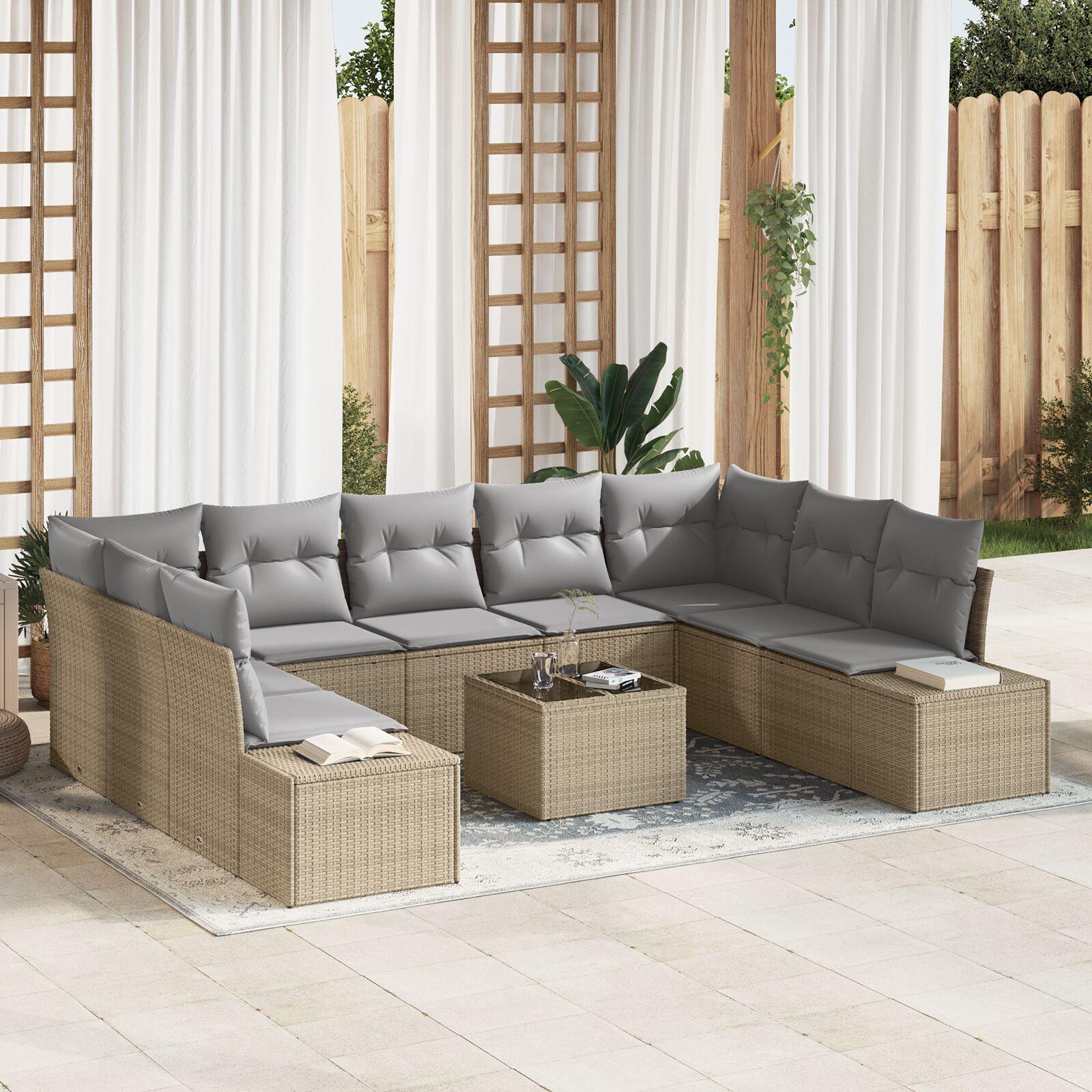 Havesofa Sæt med pude 10 stk Beige Poly rattan
