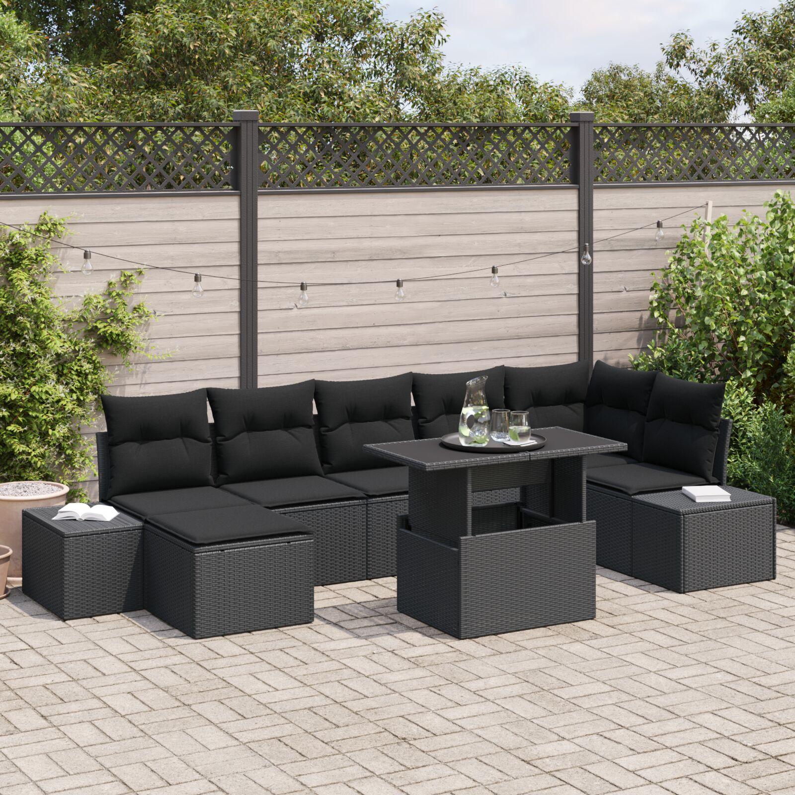 Havesofa Sæt 8 Dele Sort Poly Rattan, Pulverlakeret Stål, Glas