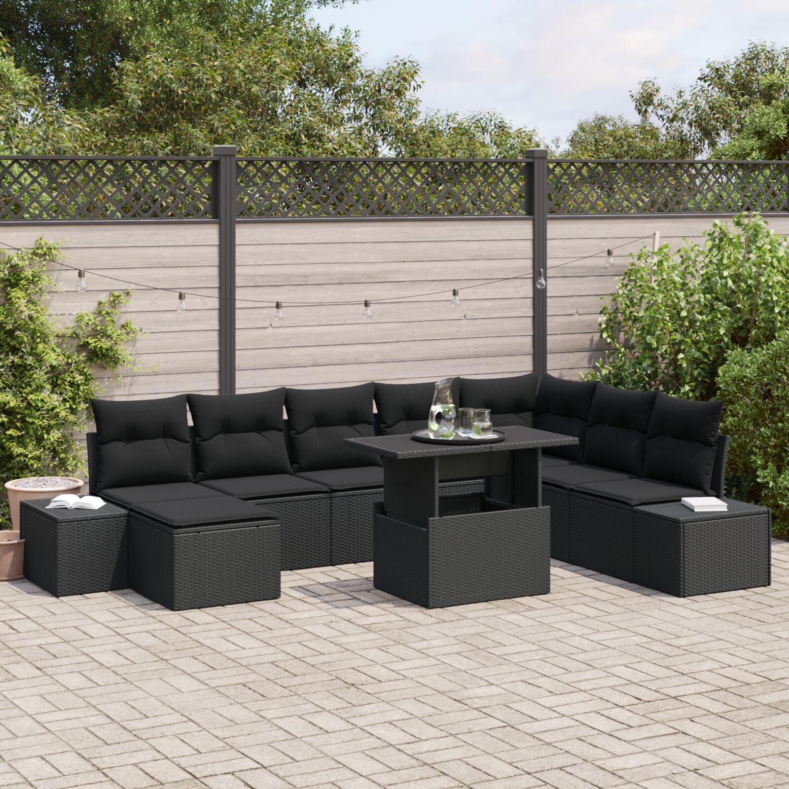 Havesofa SÃ¦t 9 stk Sort Polyrattan og pulverlakeret stÃ¥l