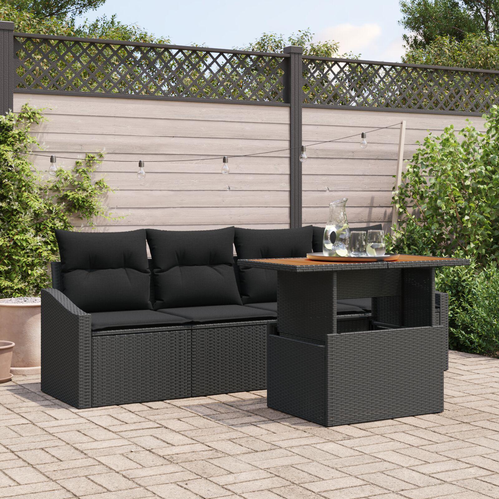 Havesofa Sæt Med Pude 5 Dele Sort Poly Rattan