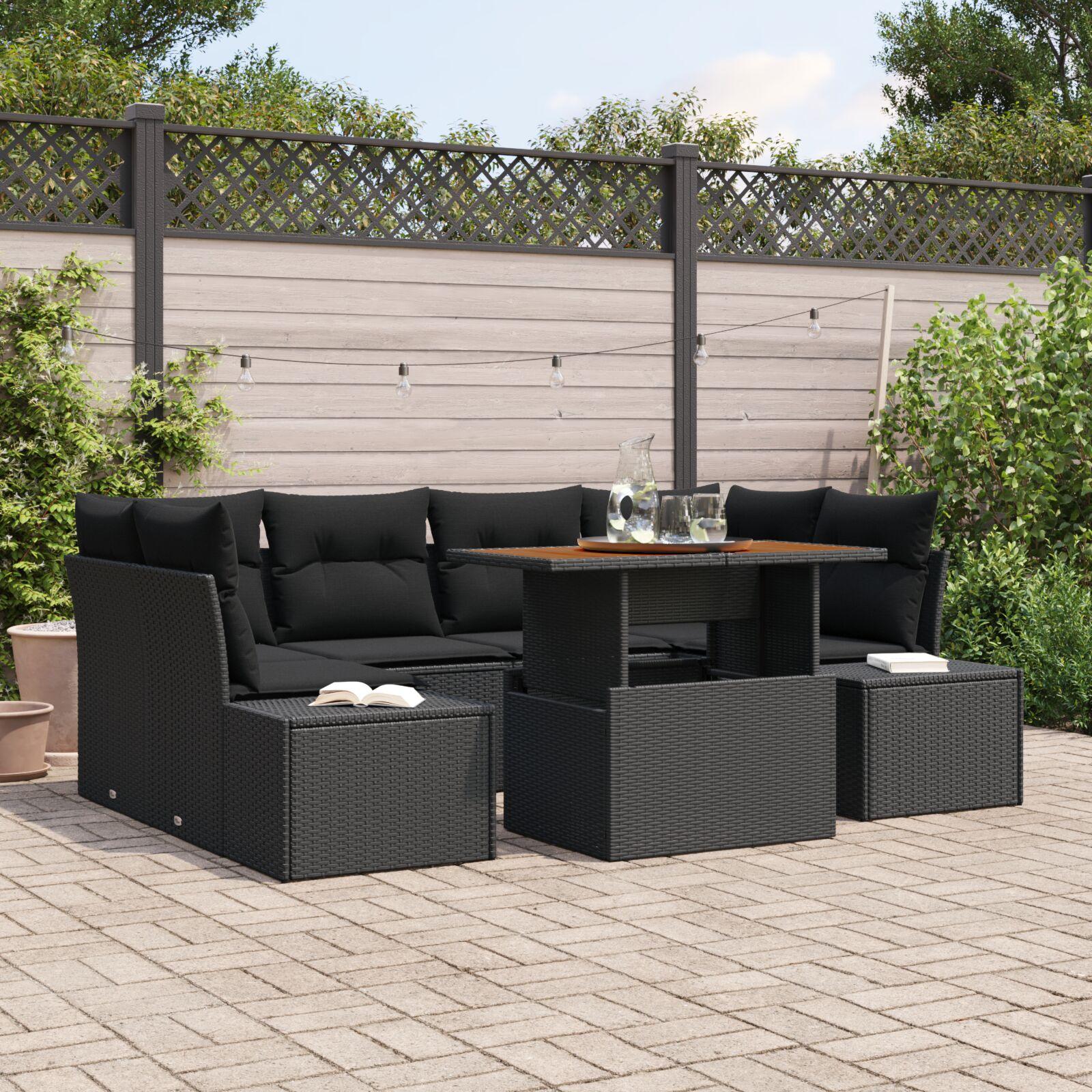 Havensofa sæt Sæt med 7 Sort Polyrattan 7-delt udendørs spisesæt